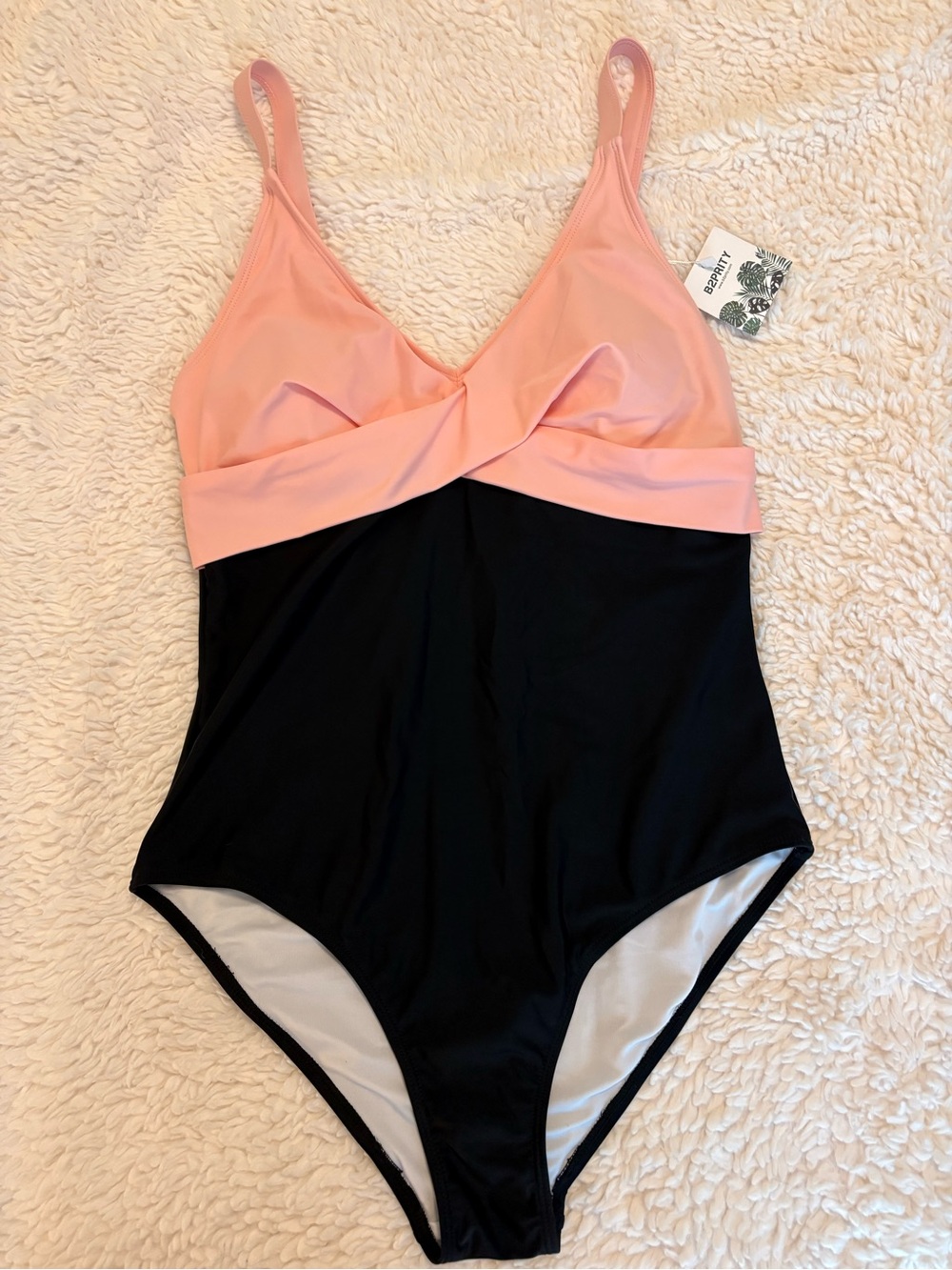 NWT B2PRITY Colorblock One Piece Swimsuit Pink Black Twist Front Size Large
